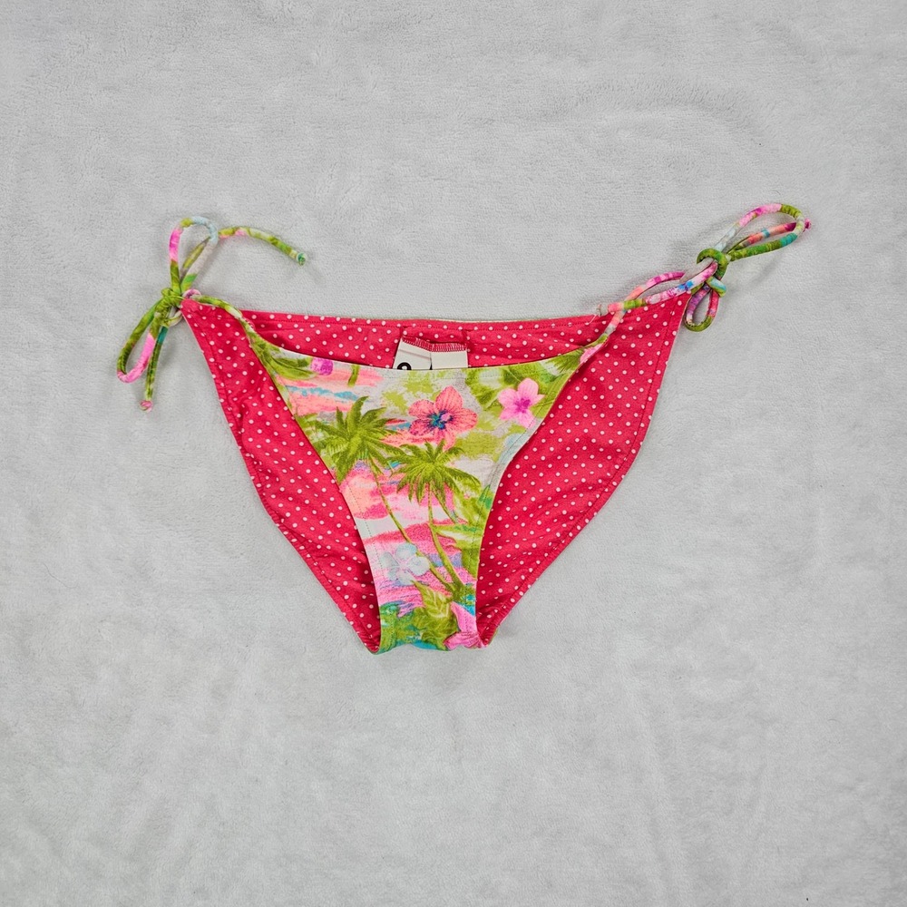 SO Reversible Bikini Bottoms XL Pink Polka Dot Tropical Floral Side Tie Swimwear